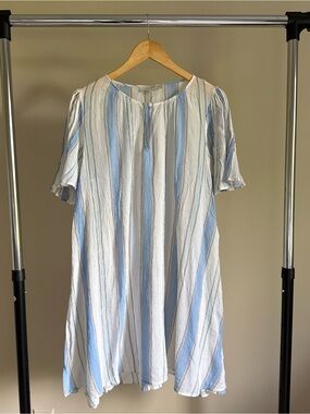 LOFT Vertical Stripe Short Sleeve Dress in Light Blue, White & Brown